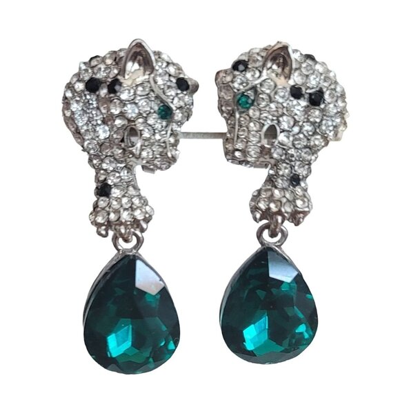 Panther Rhinestone Blue Lucite Dangle  Pierced Lever Back Earrings, K256 - Picture 1 of 9